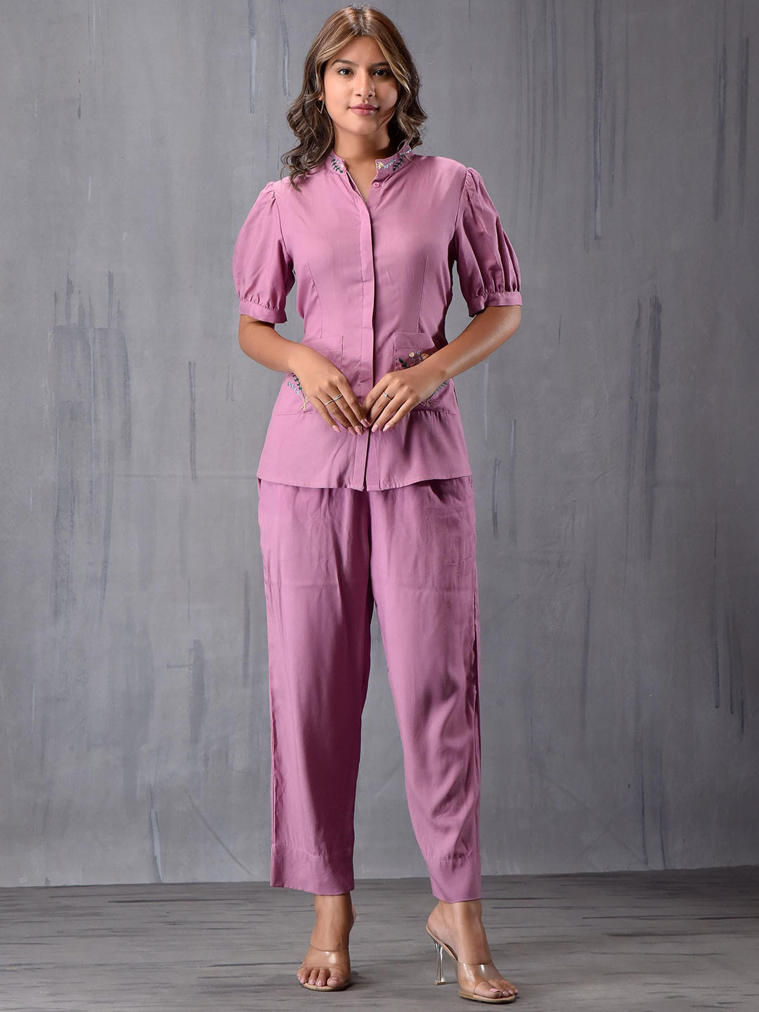 MODA-Q Mandarin Collared Short Sleeves Shirt with Trouser Co-Ords