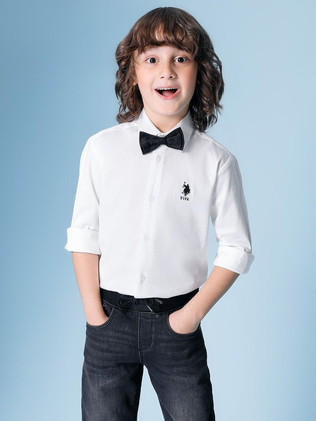 U.S. Polo Assn. Kids Boys Solid Spread Collar Poplin Bow Tie Cotton Shirt