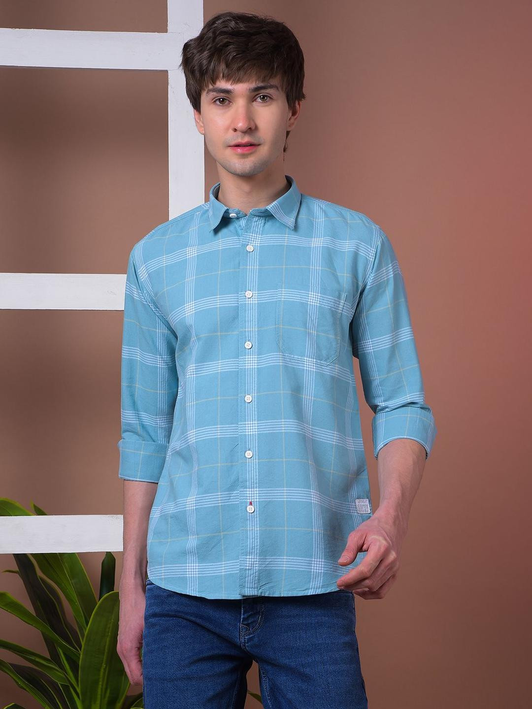 COBB Men Slim Fit Windowpane Checked Spread Collar Cotton Casual Shirt