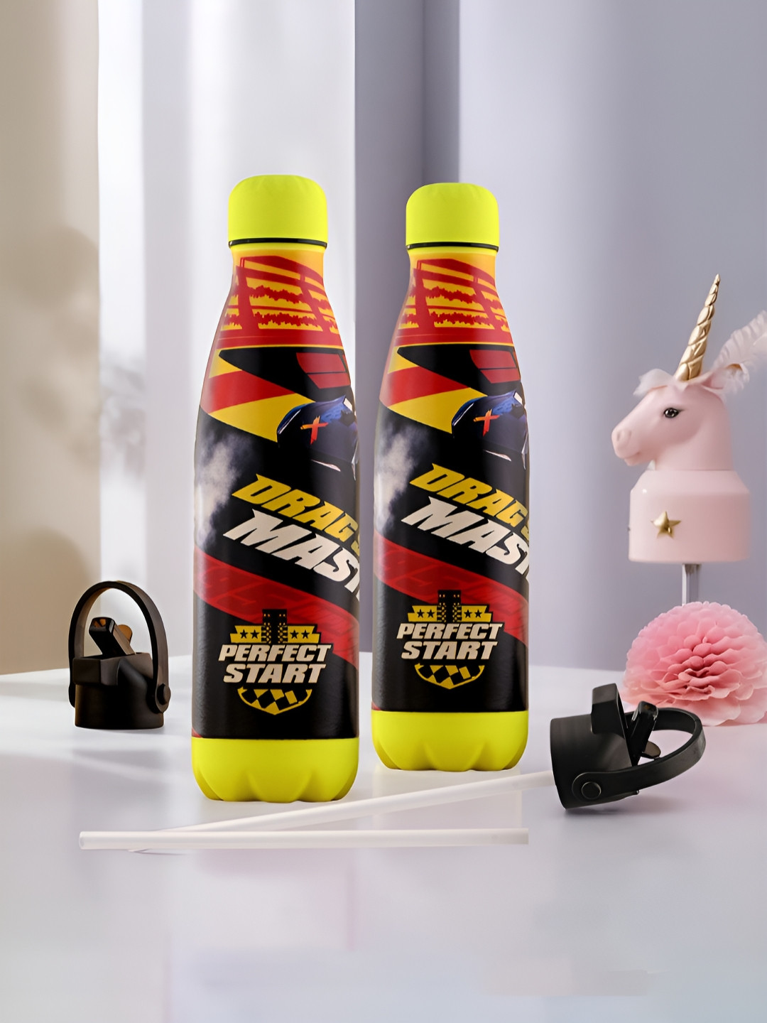 YK Red & Yellow 2 Piece Stainless Steel Printed Water Bottles-500 ML