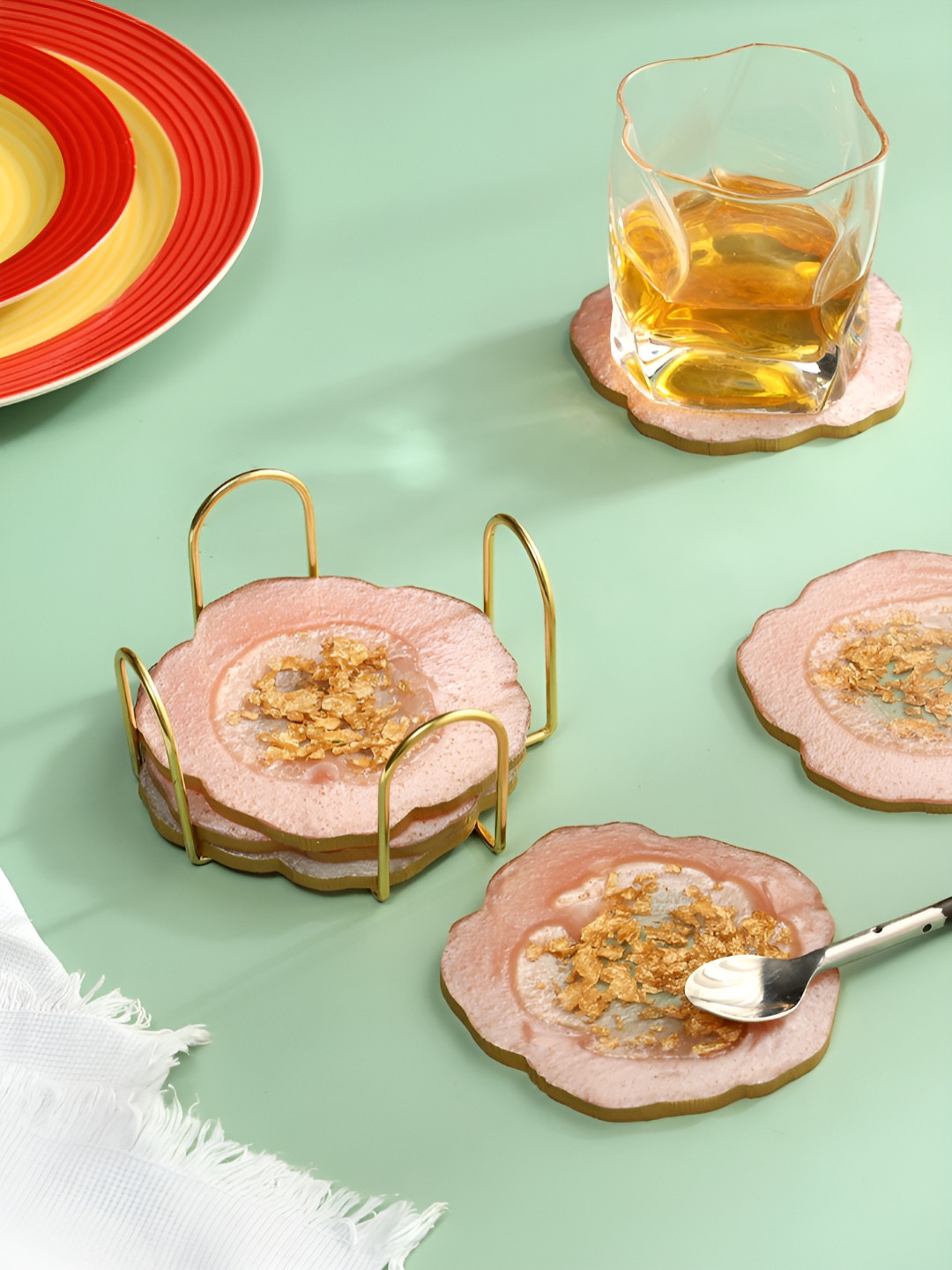 DULI 6-Pcs Pink Resin Round Coasters With Metal Stand