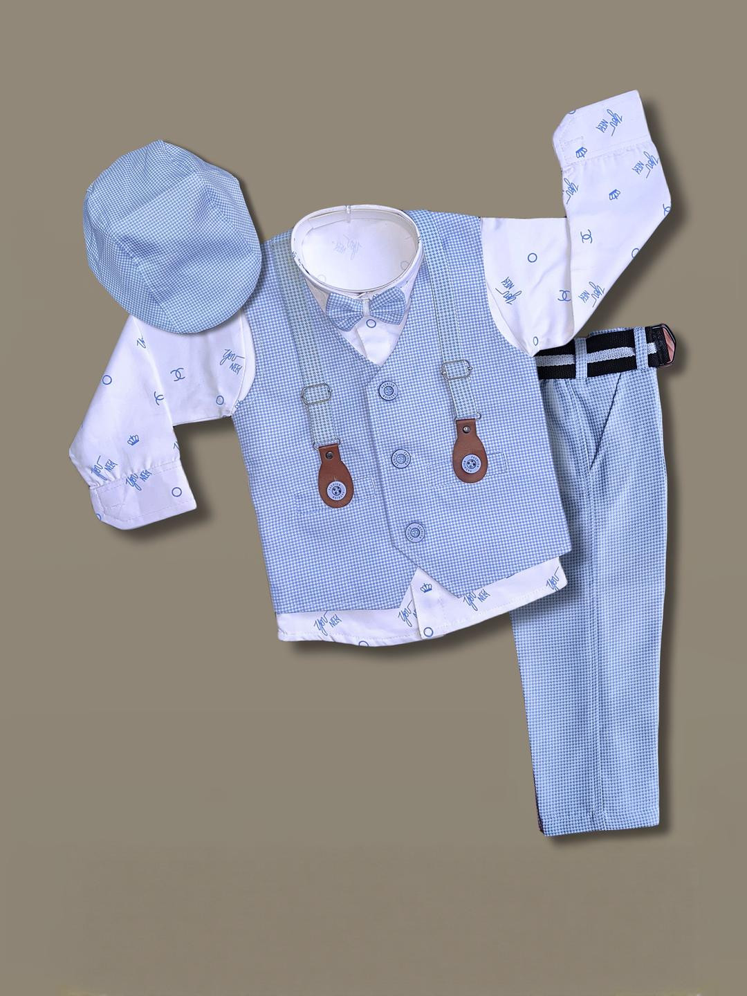 Qutie Ninja Boys Blue & White Printed 3 Pcs Suit Set Shirt Pant Waistcoat Bow-Tie & Cap