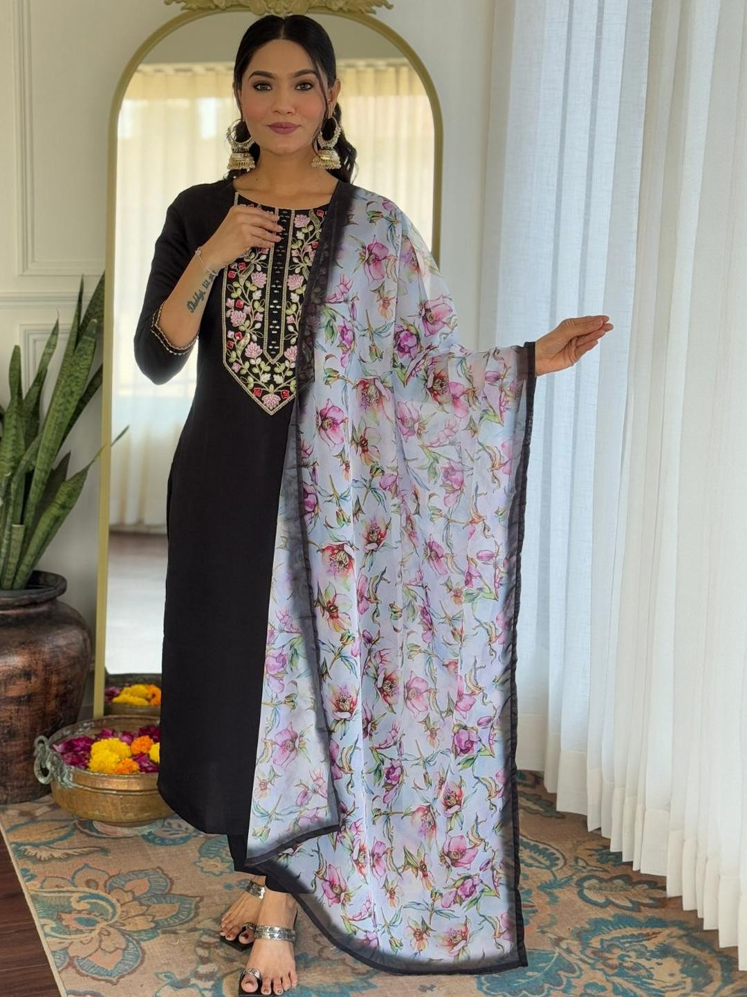 ZAIERRA Floral Yoke Design Sequinned Round Neck Straight Kurta With Trousers & Dupatta