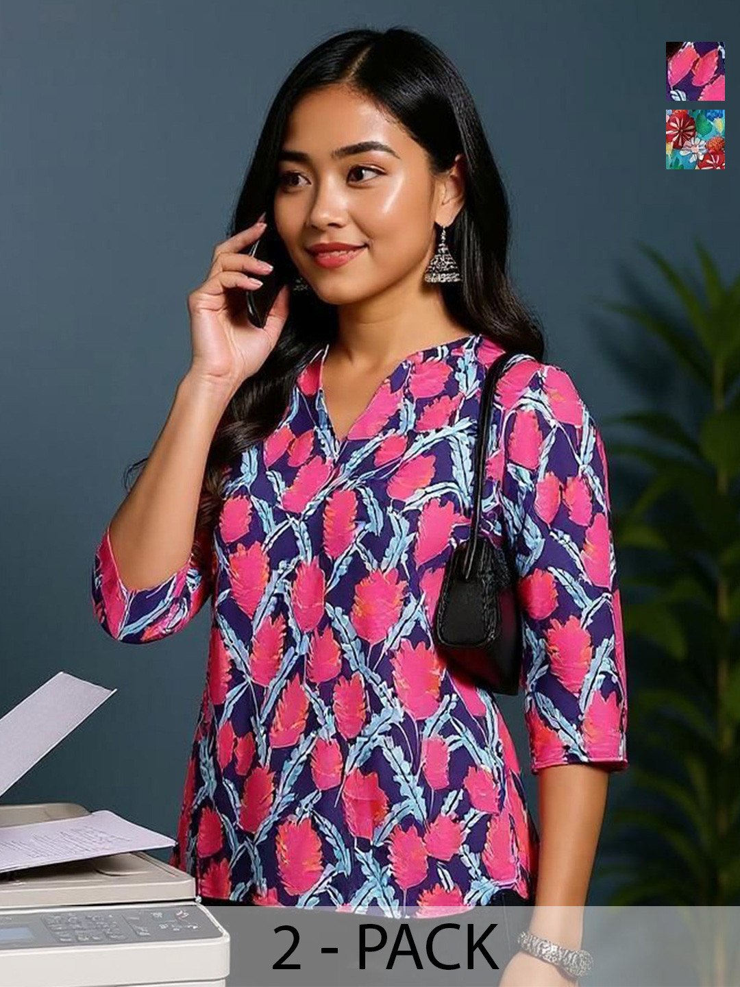 THE FAB FACTORY Selection Of 2 Floral Printed Mandarin Collar Tunics