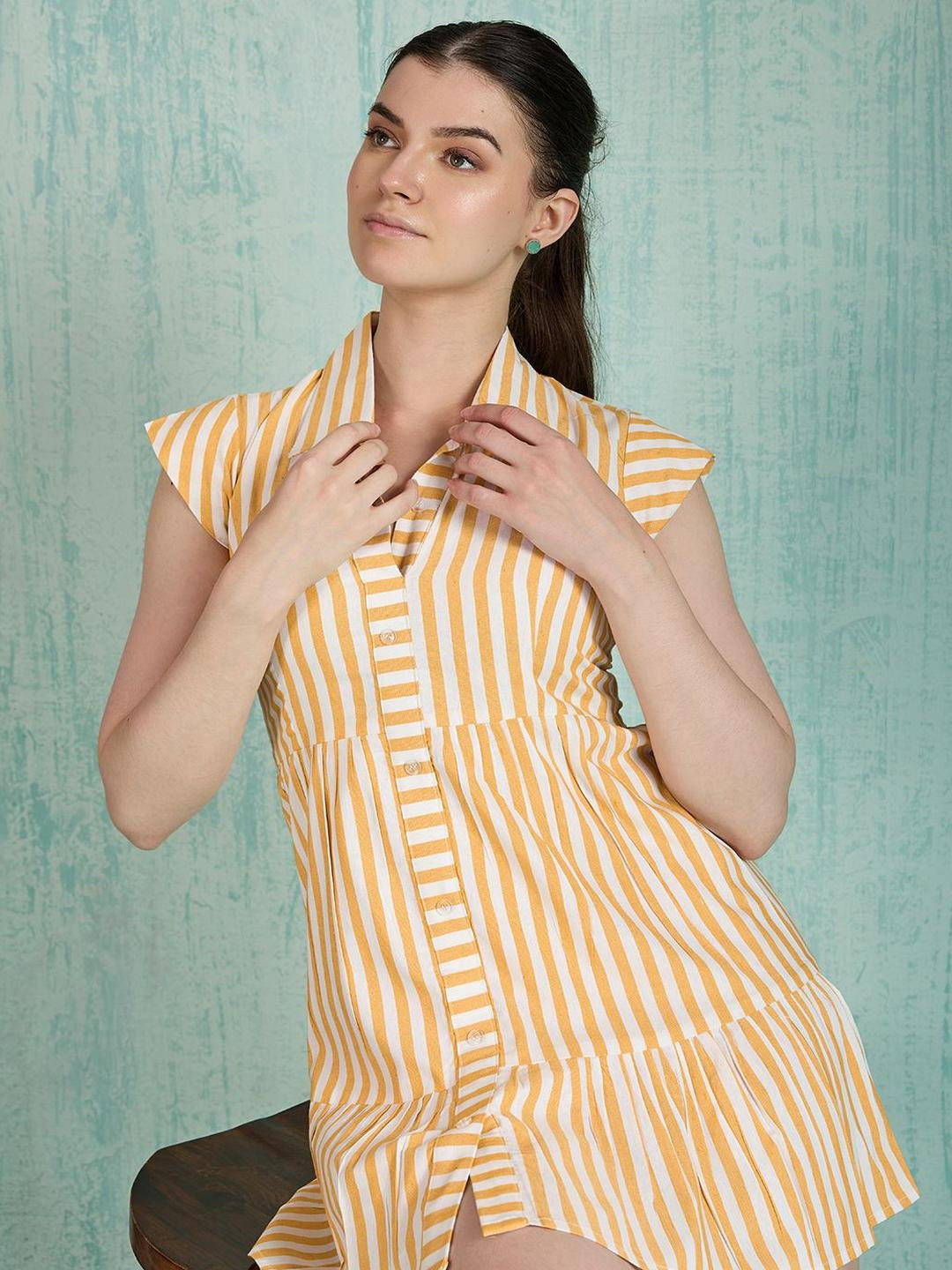 HOUSE OF MIRA Striped Shirt Collar Cap Sleeves Fit and Flare Cotton Dress
