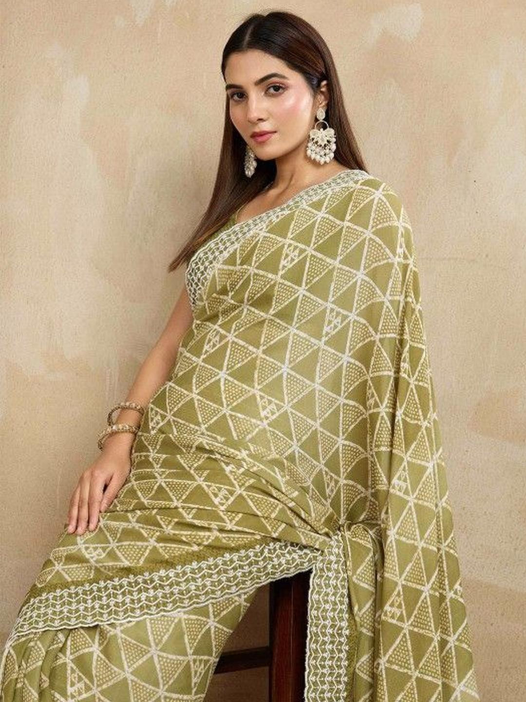 KARAGIRI Pista Green Poly Georgette Geometric printed saree