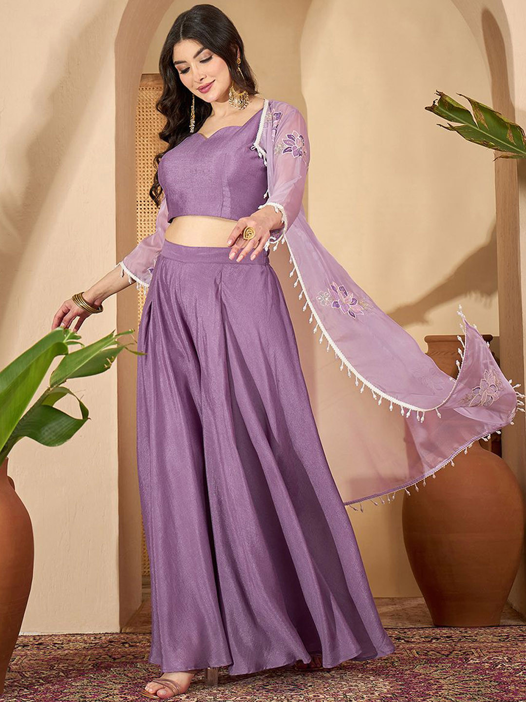 Sangria Zari Sequence Thread Embroidered With Lace Crop Top With Palazzos & Shrug