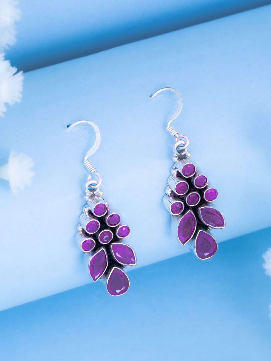 Dab Sterling Silver Artificial Stones Studded Teardrop Shaped Drop Earrings