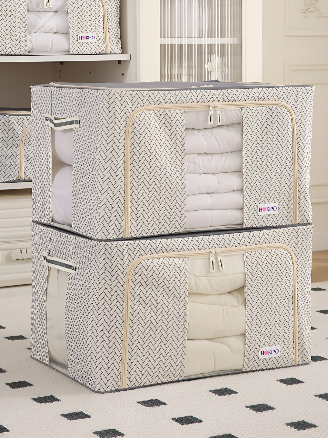 HOKIPO Cream-Coloured 2 Pieces Cloth Storage Box Organisers for Wardrobe - 88L