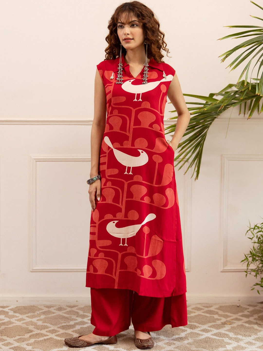 AUTUMN LANE Quirky Printed Shirt Collar Kurta With Palazzos