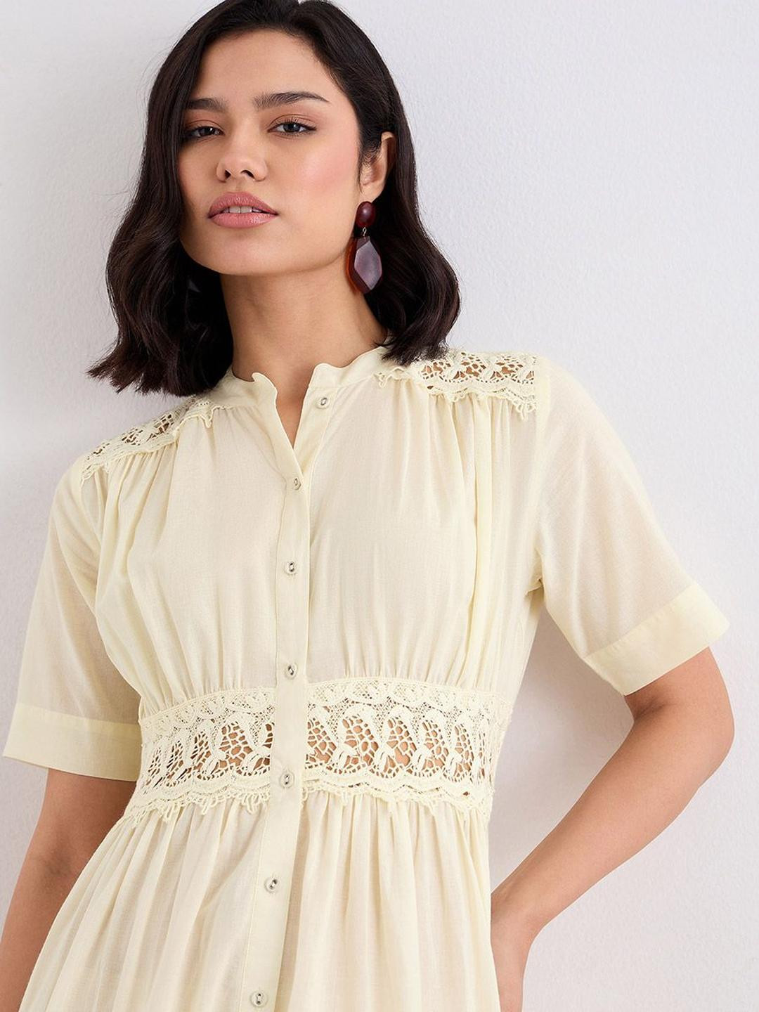 Styli Women Mandarin Collar Fit and Flare Cuffed Sleeves Solid Midi Dress
