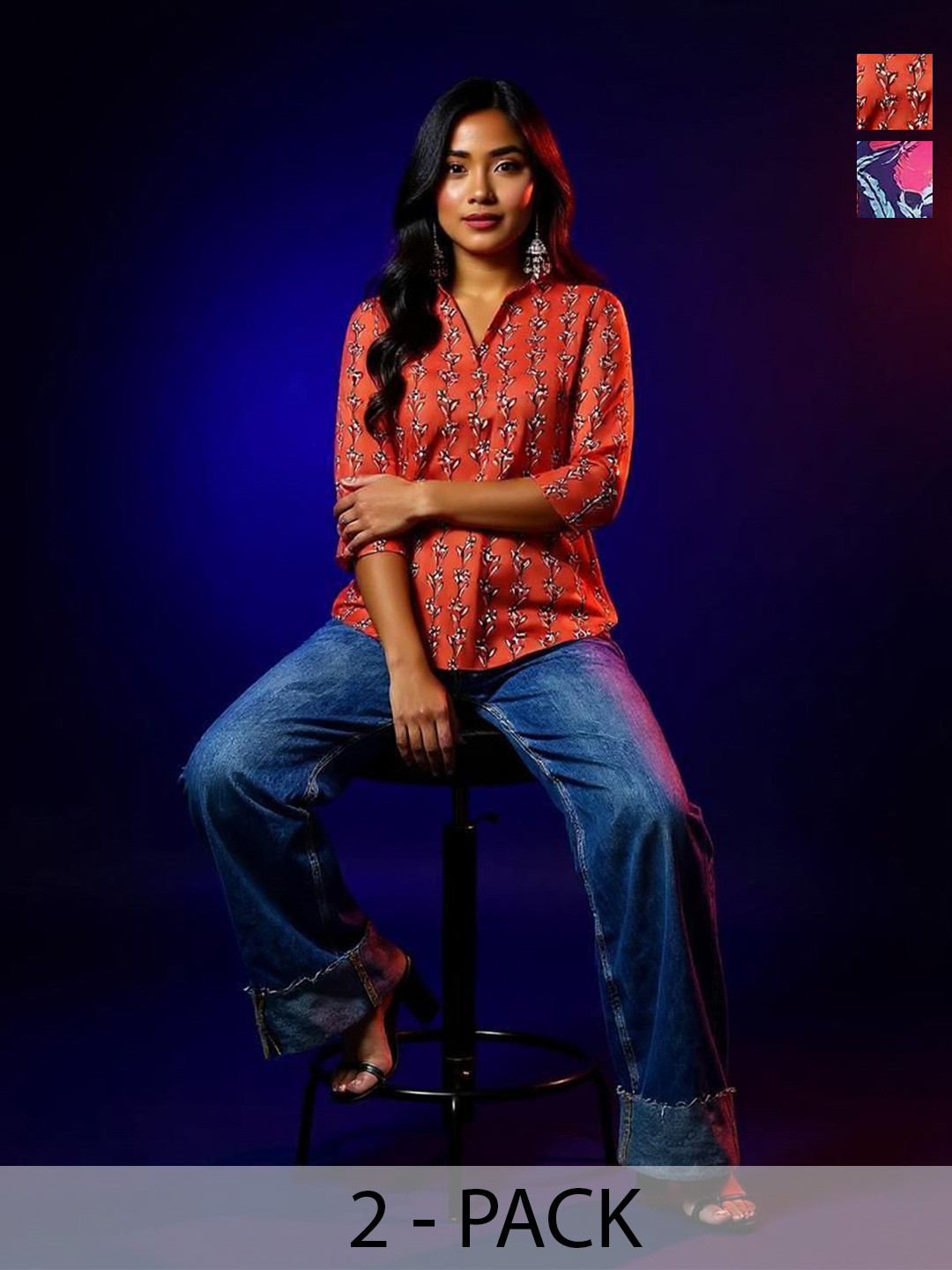 THE FAB FACTORY Pack Of 2 Printed Madrine Collar Tunic