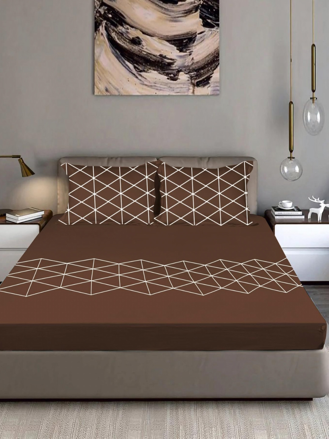 Bodycomfy Brown & White Printed Cotton 400 TC King Bedsheet Set 1.98 m x 1.82 m
