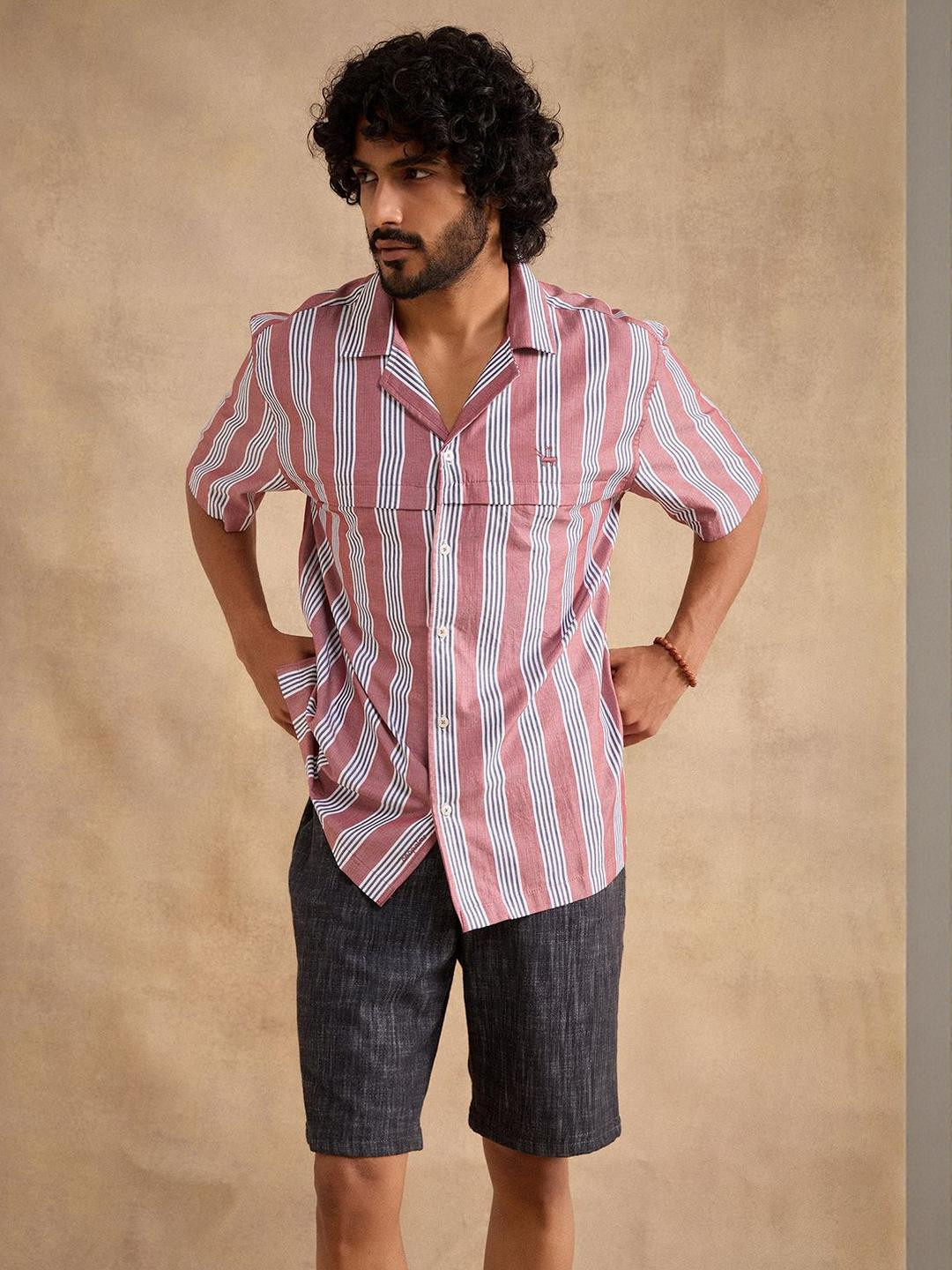 neopalms Comfort Relaxed Fit Fit Vertical Striped Cuban Collar Cotton Casual Shirt