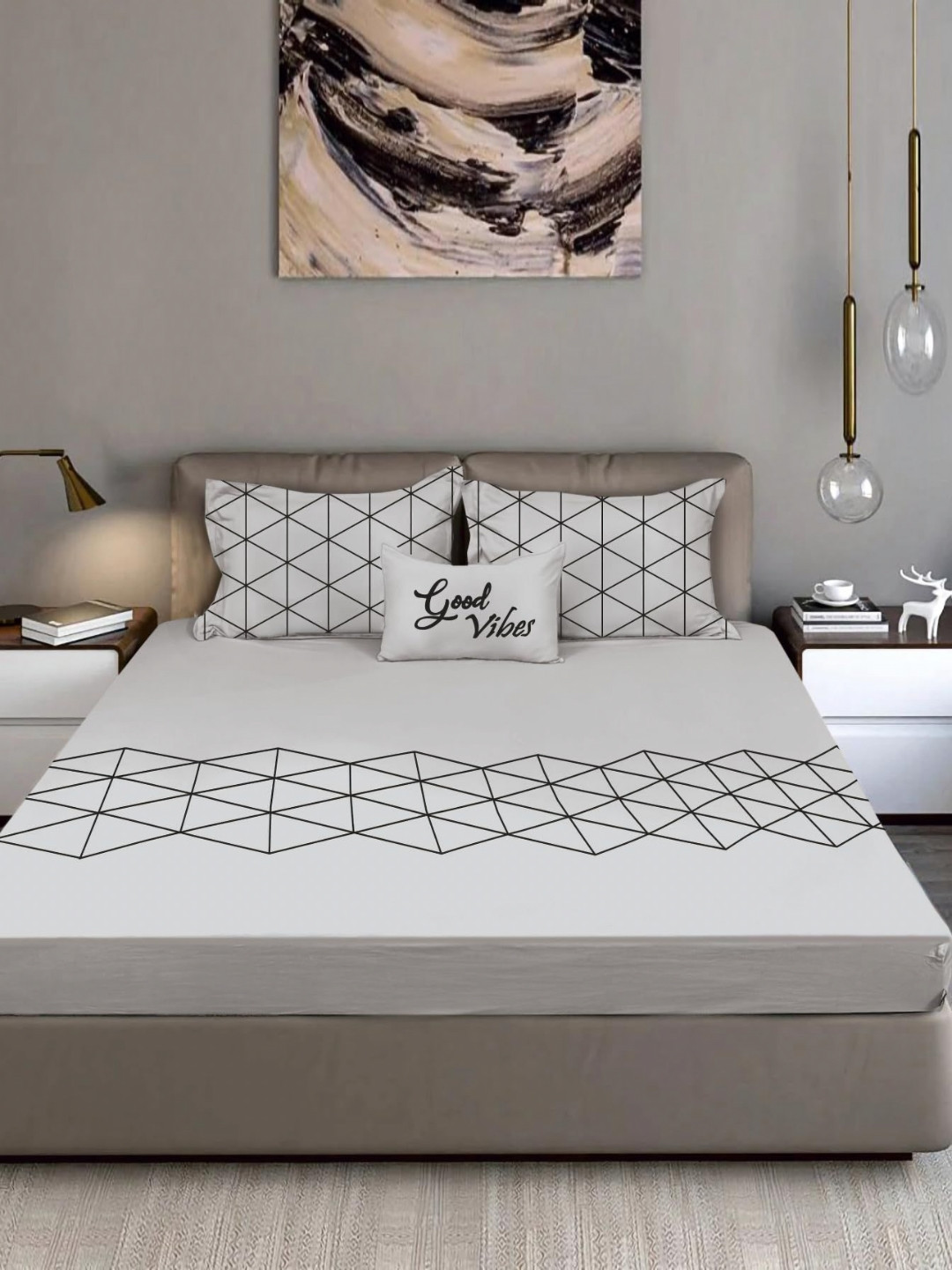 Bodycomfy Jersey Grey Geometric Cotton Fitted 400 TC King Bedsheet Set 1.98m  x 1.8 m