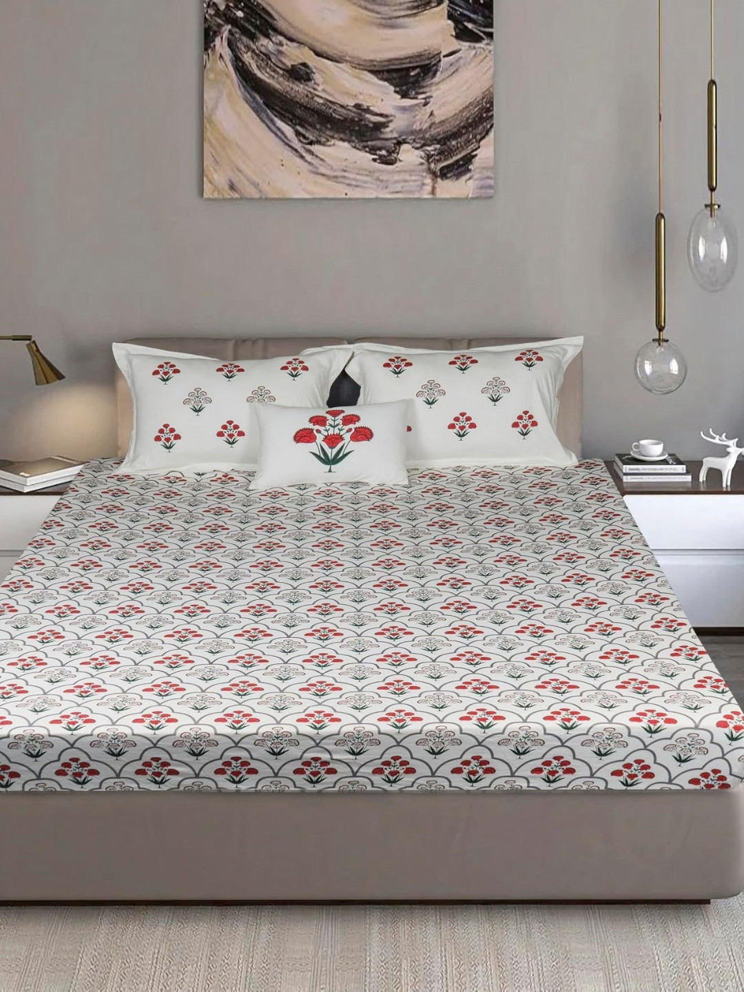 Bodycomfy Jersey White Floral Cotton Fitted 400 TC King Bedsheet Set 1.98m  x 1.8 m