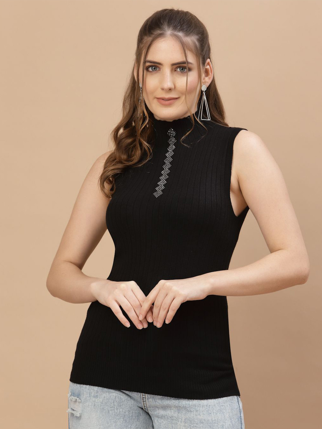 Mafadeny Women's Sleeveless High Neck Embellished Knit Top