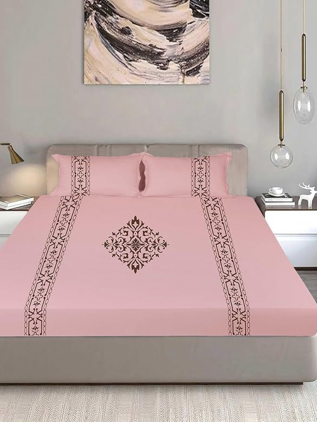Bodycomfy Jersey Pink Printed Pure Cotton 400 TC Fitted King Bedsheet Set 1.98m x 1.82m