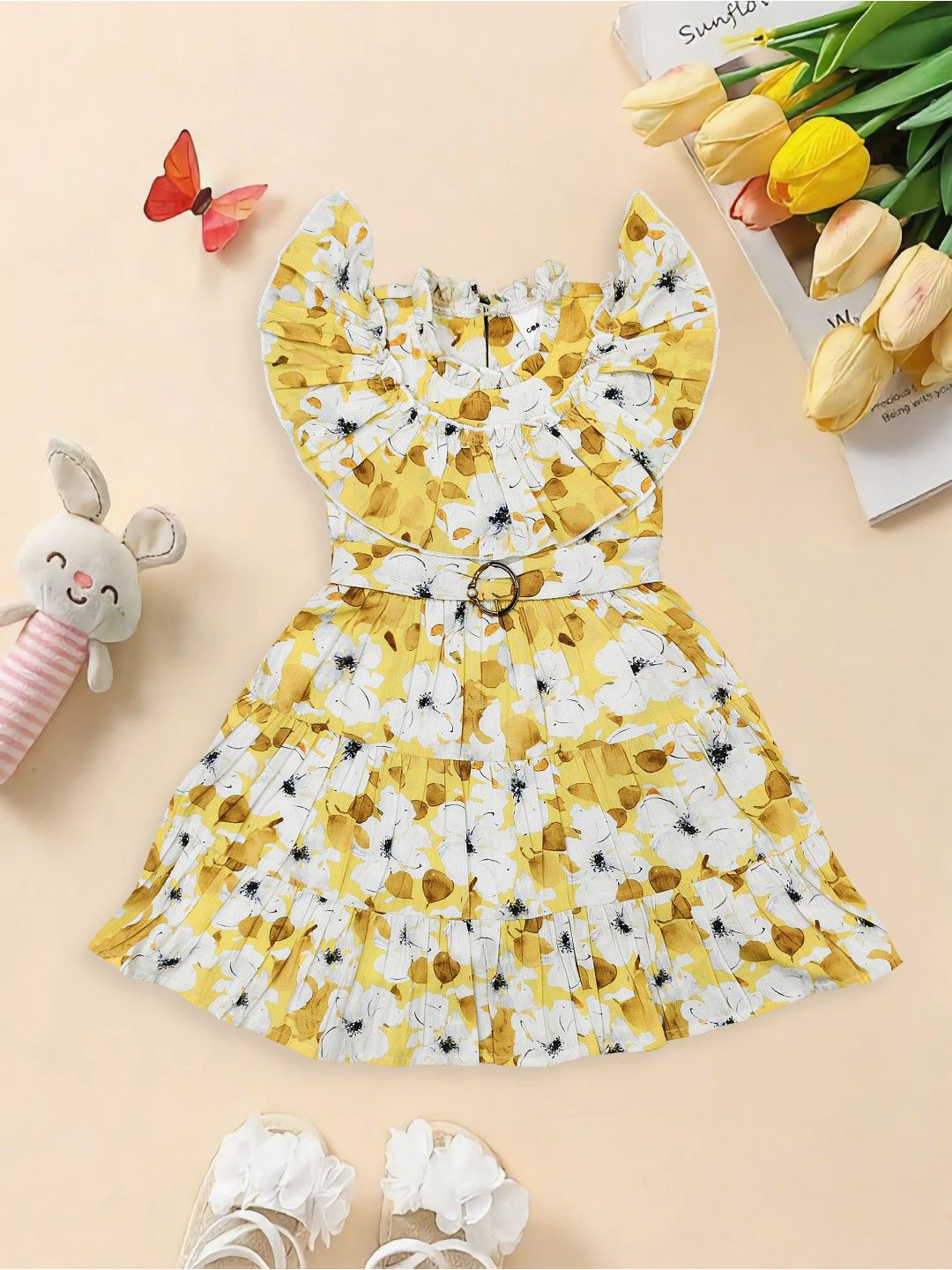BAESD Girls Floral Print Fit & Flare Ruffle Sleeve Dress with Belt
