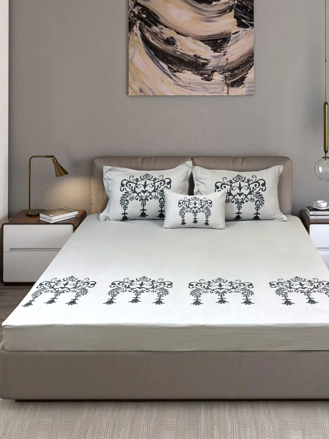 Bodycomfy Grey & Black Printed King Fitted Cotton 400 TC King Bedsheet Set 1.98 m x 1.82 m