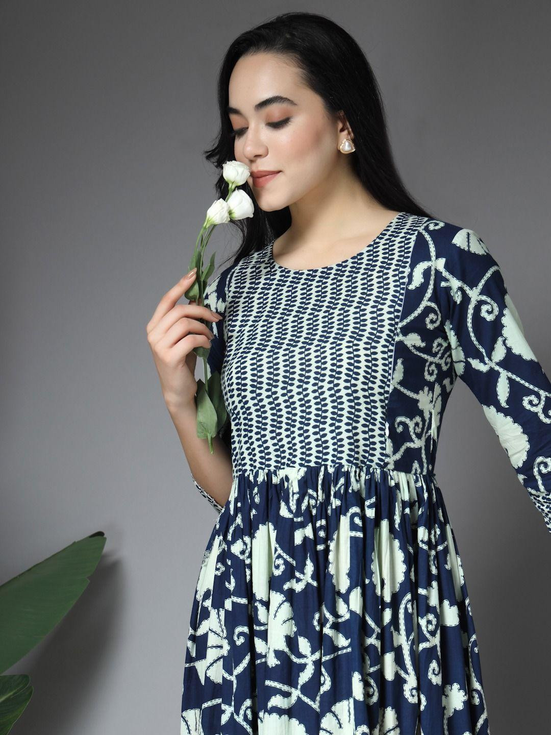 RANGEELO JAIPUR Women Floral Printed Puff Sleeve Fit & Flare Maxi Dress