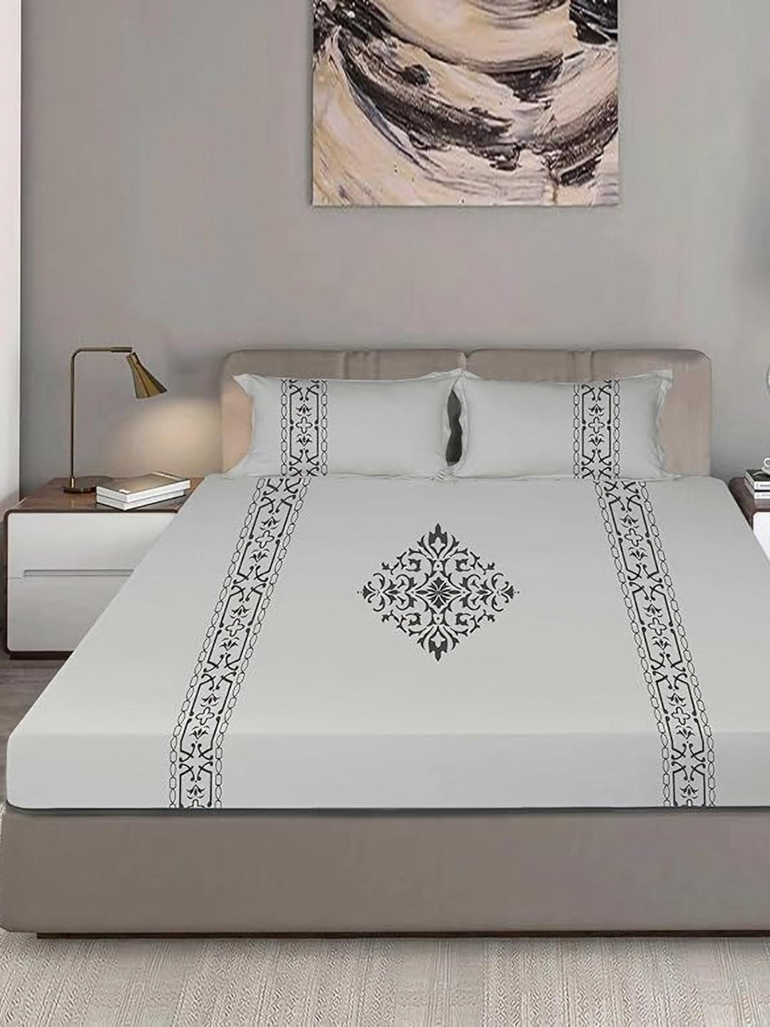 Bodycomfy Jersey Grey Pinted Cotton Fitted 400 TC King Bedsheet Set 1.98 m  x 1.8 m