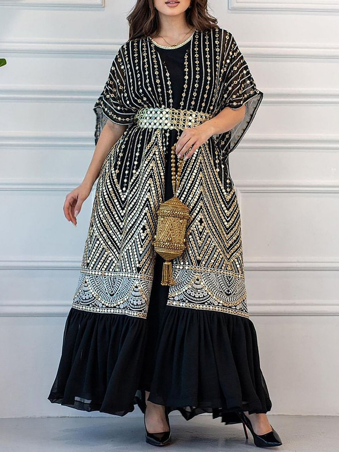 JC Mode Women Round Neck Embellished Detail Maxi Dress With Shrugs