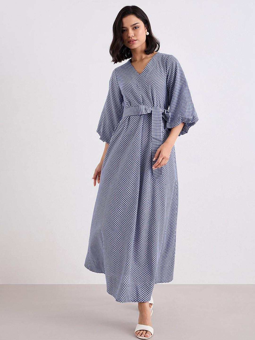 Styli Checked Bishop Sleeve A-Line Cotton Maxi Dress