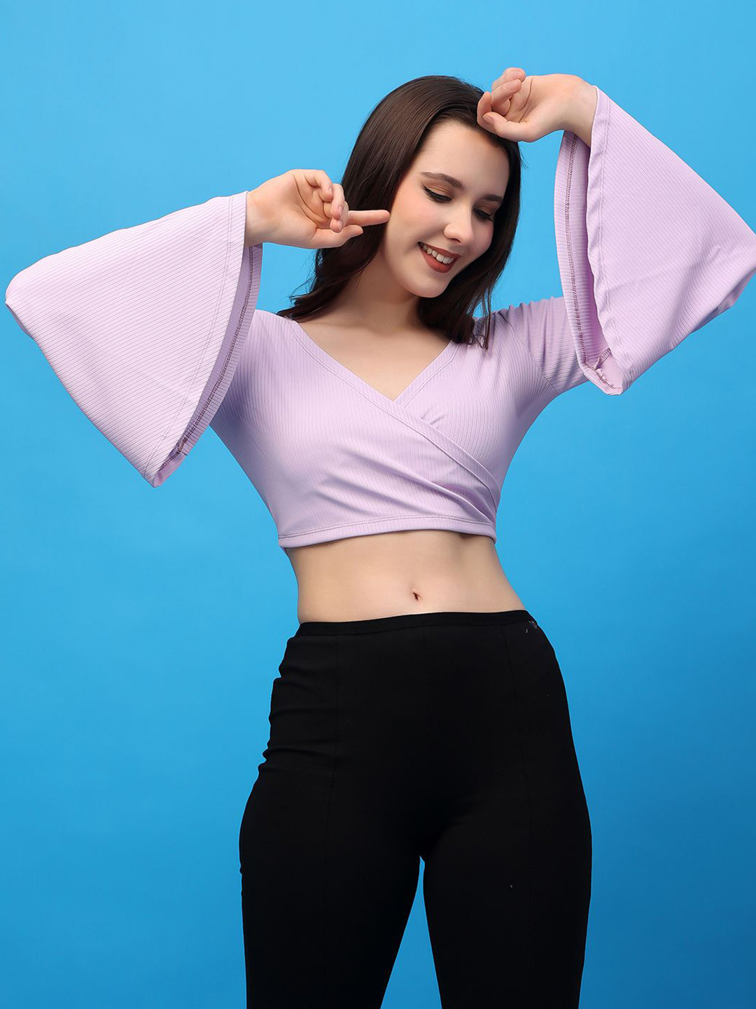 MINOS Women Ribbed V-Neck Bell Sleeve Cotton Wrap Crop Top