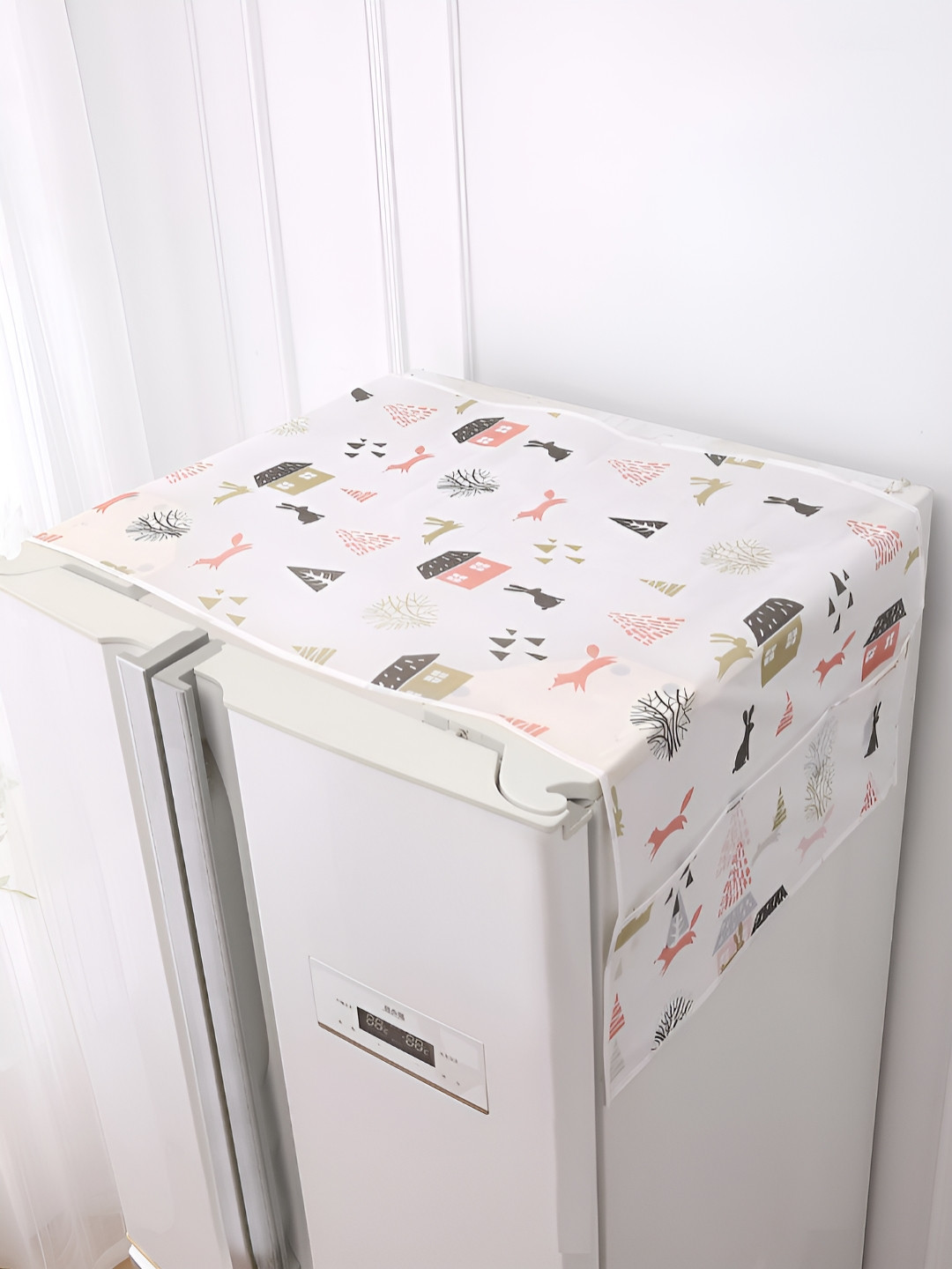 HOKIPO White & Green Printed Waterproof Large Fridge Cover With 6 Side Pockets