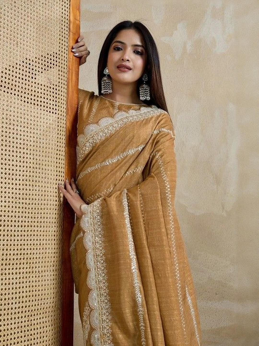 KARAGIRI Yellow Silk Blend Sequins Embellished Sari With Threadwork Scalloping