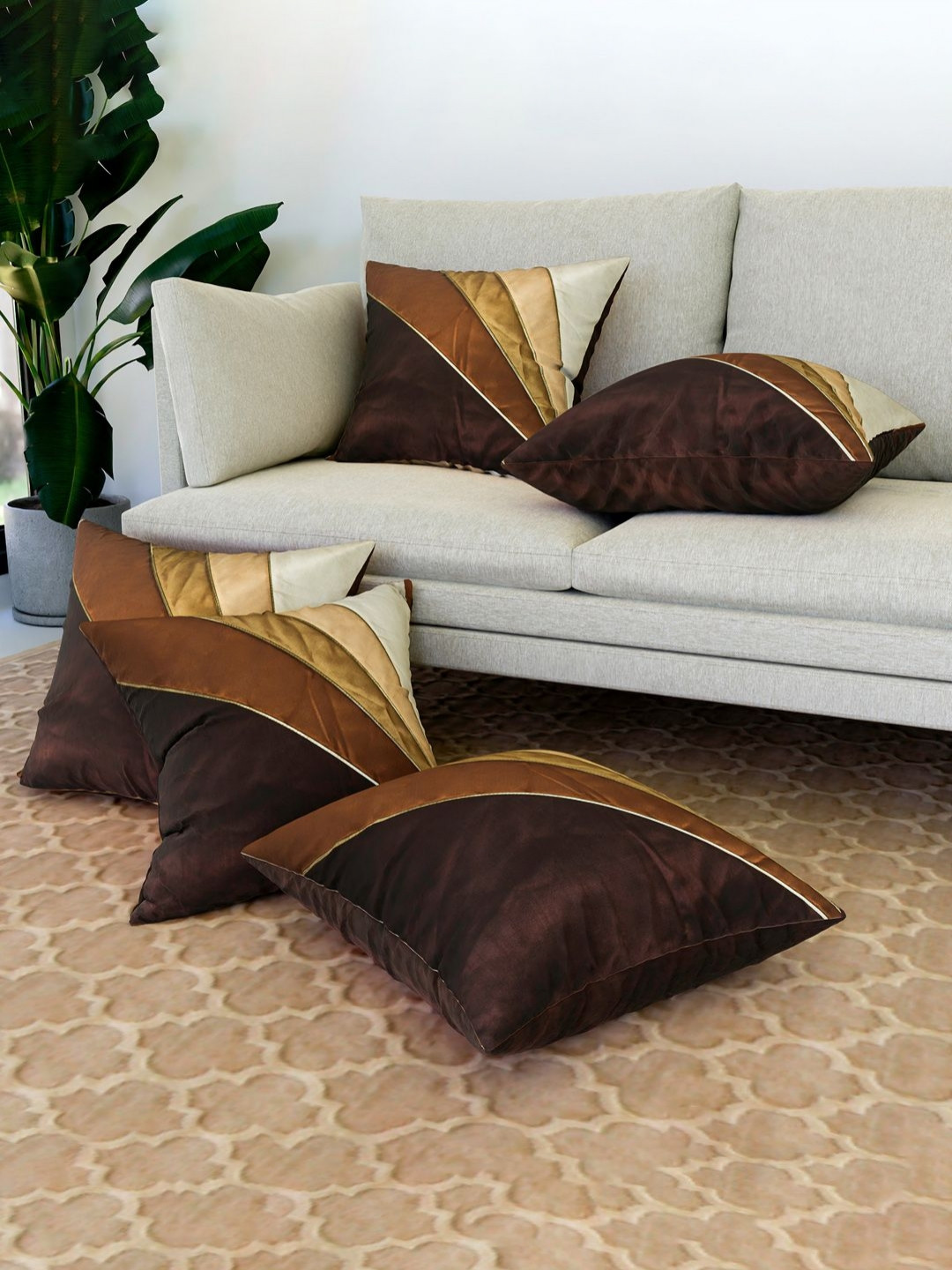 RUBOXA Brown And Grey 5 Pieces geometric Printed Square Cushion Covers