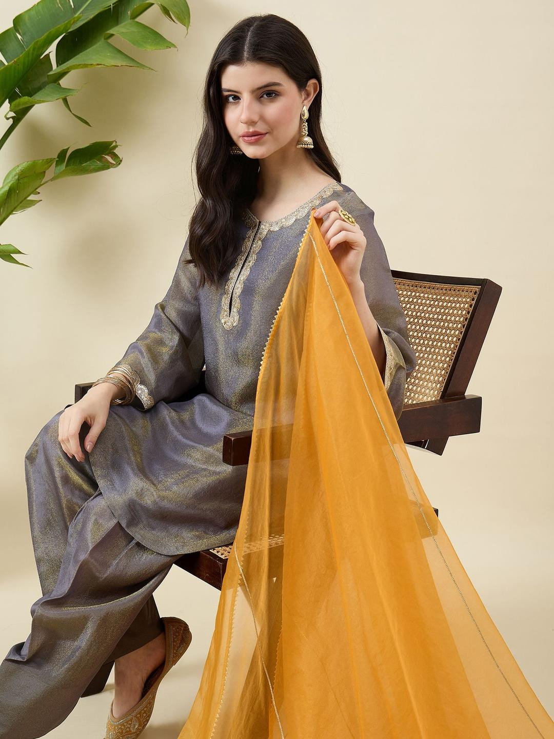 Aritri Ethnic Motifs Yoke Design Round Neck Straight Kurta With Trousers & Dupatta