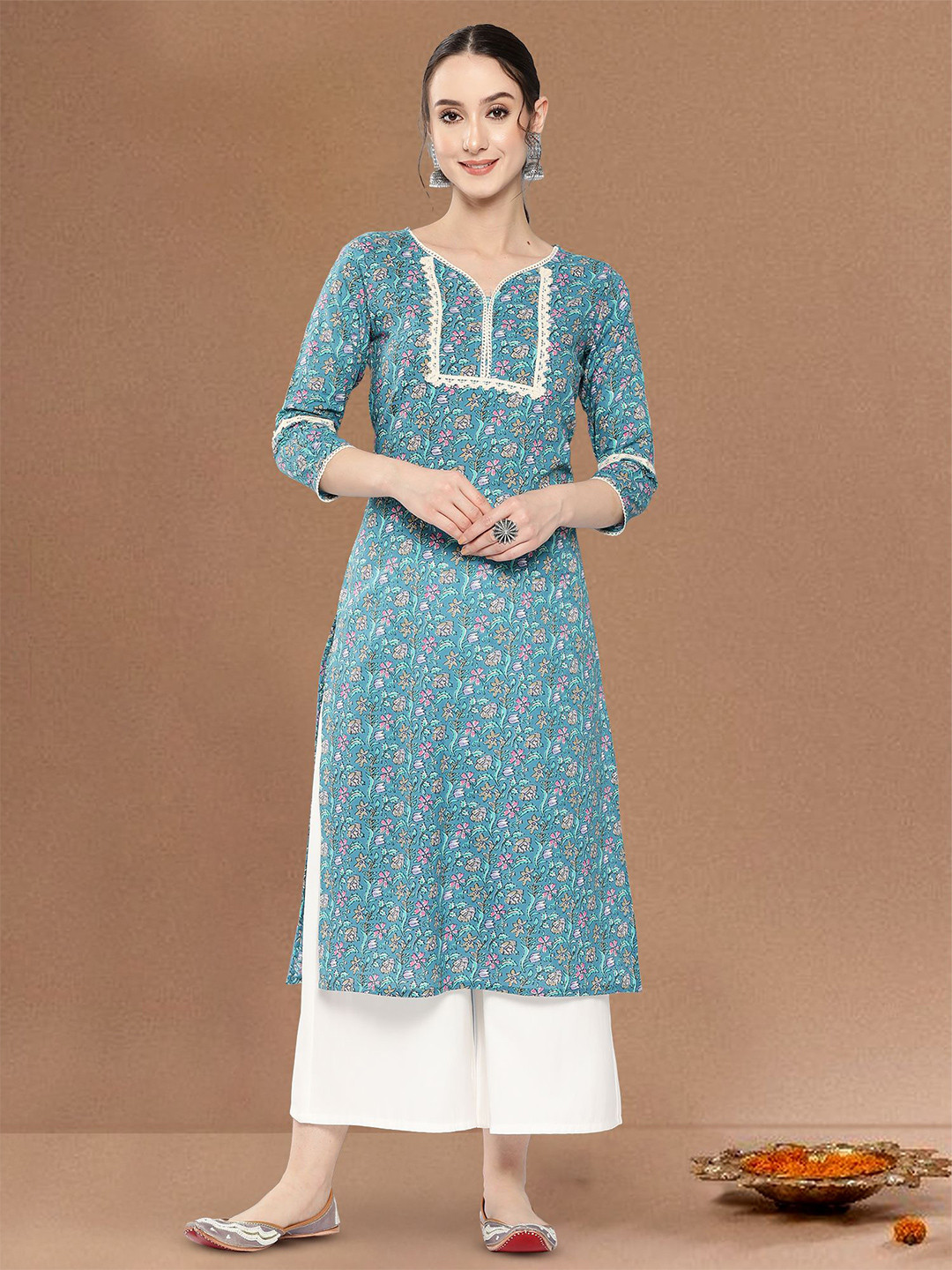 Varanga Floral Printed V-Neck Cotton Straight Kurta