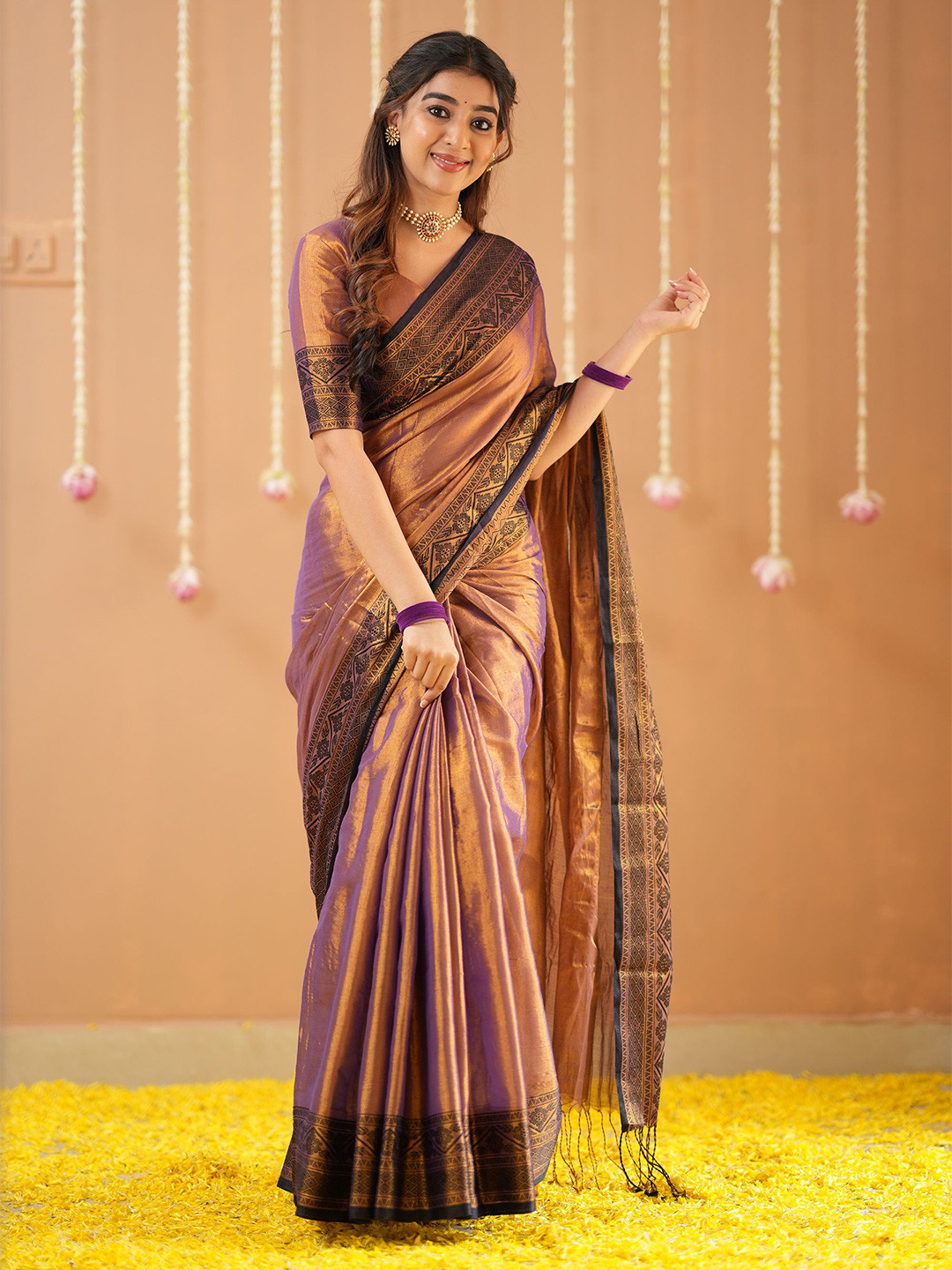 RAAG VARNAM Copper Tissue Saree With Designer Blouse
