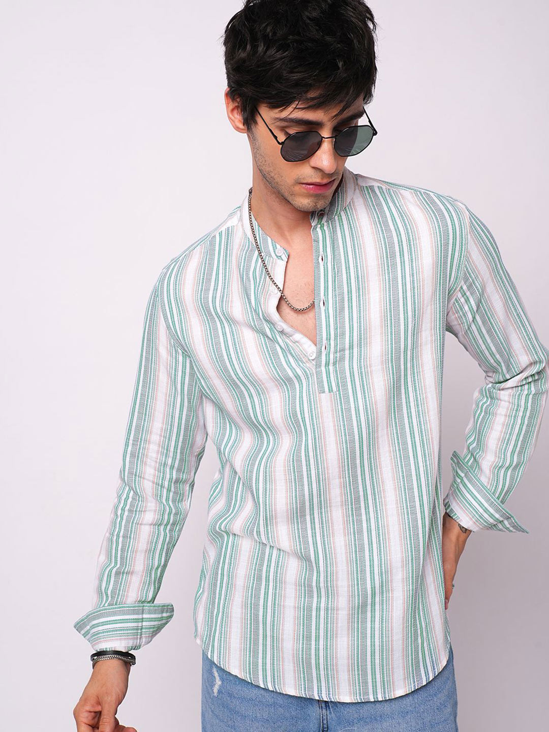 VASTRADO Retro Shoreline Azure Striped Band Collar Cotton Kurta