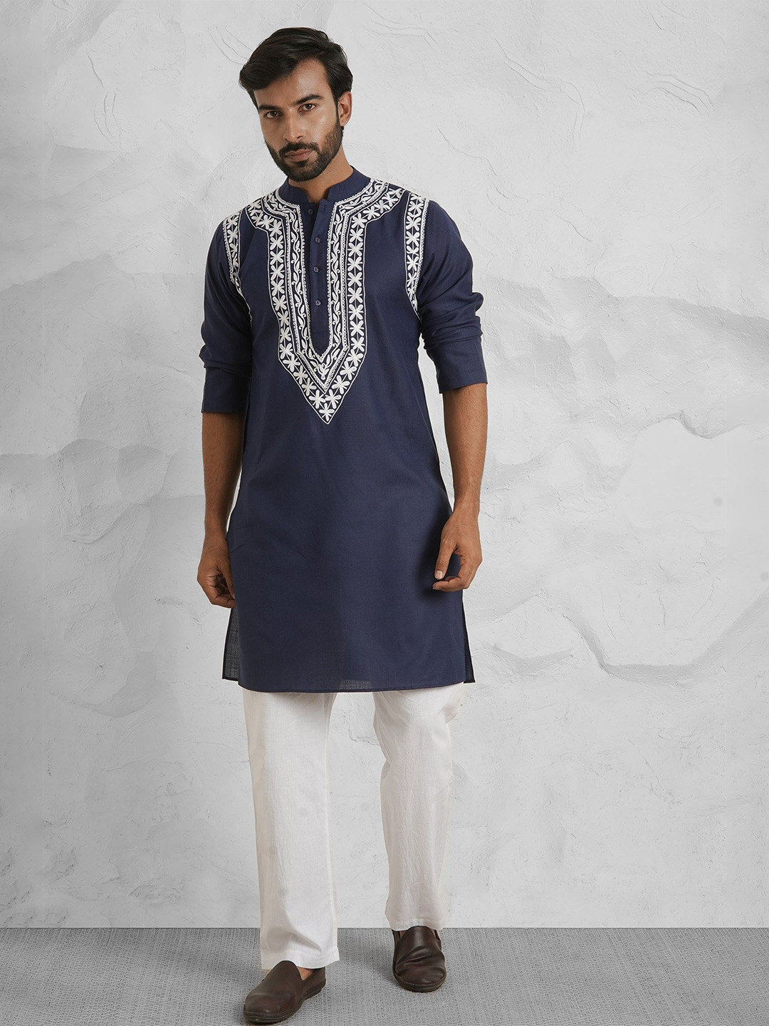 HOUSE OF KARI Floral Yoke Design Mandarin Collar Aari Work Cotton Kurta