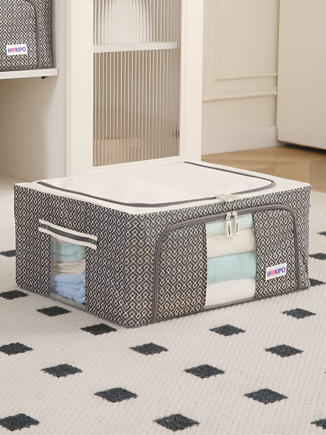 HOKIPO Grey & Beige Printed Cloth Storage Box Organisers for Wardrobe - 44L
