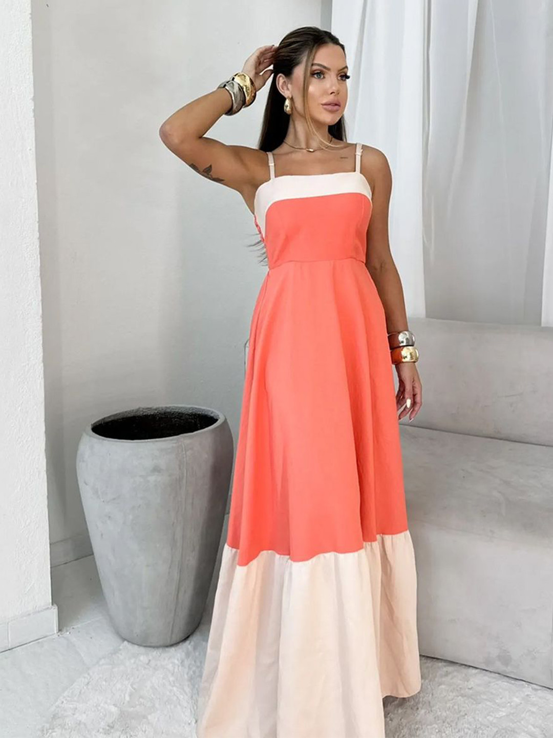 JC Mode Women Colourblocked Shoulder Straps Smocked Maxi Dress