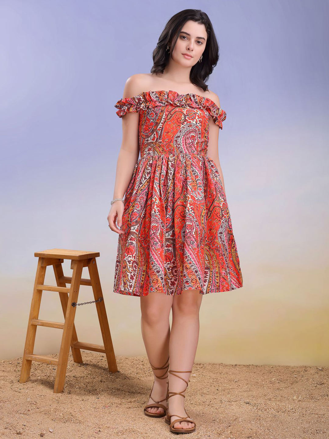 PURVAJA Women Paisley Printed Off-Shoulder Ruffled Smocked Fit & Flare Dress