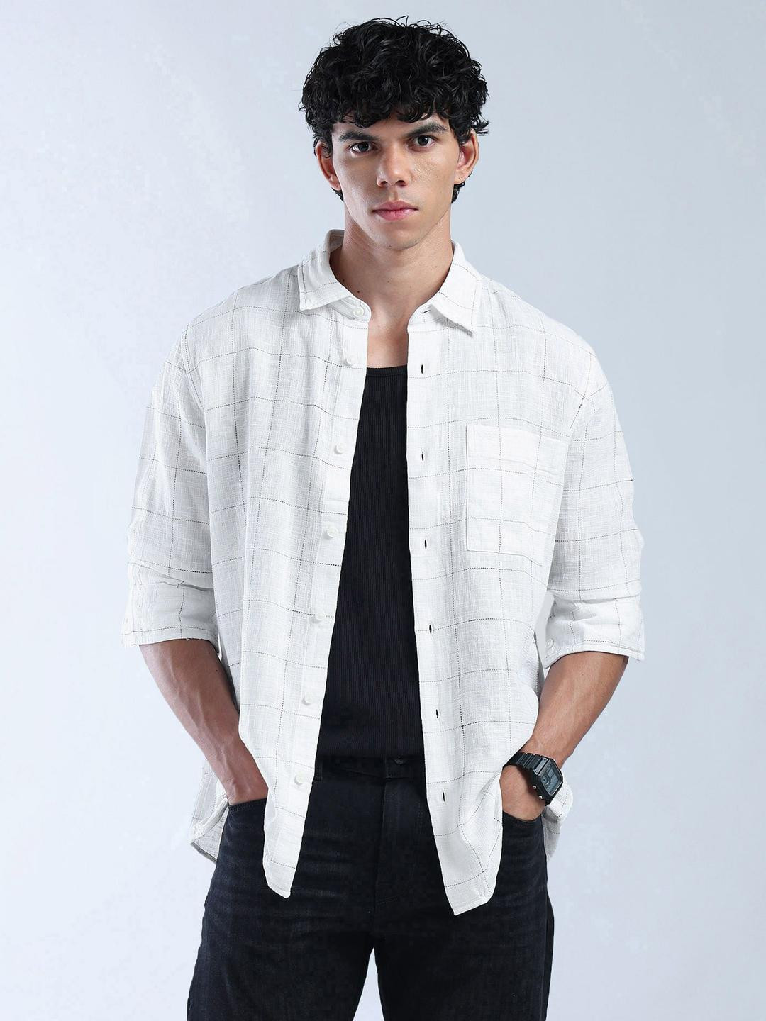 Flying Machine Grid Tattersall Checked Long Sleeves Pure Cotton Shirt