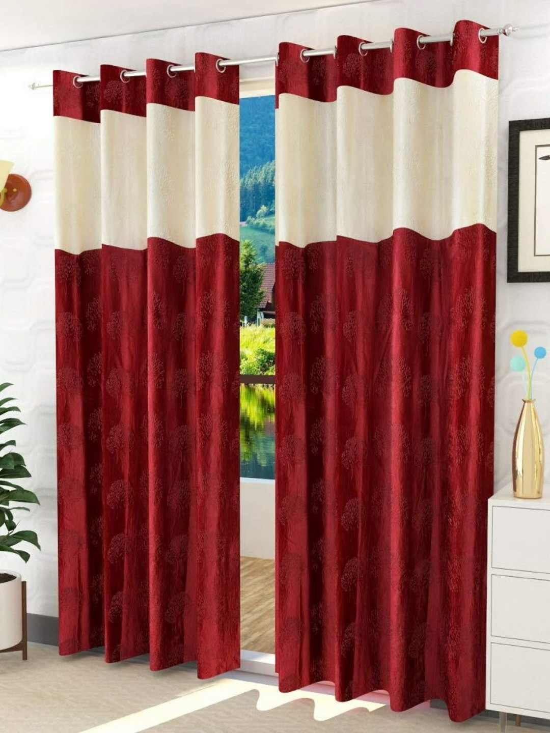 Aura Maroon & Off White 2 Pieces Colourblocked Long Door Curtain