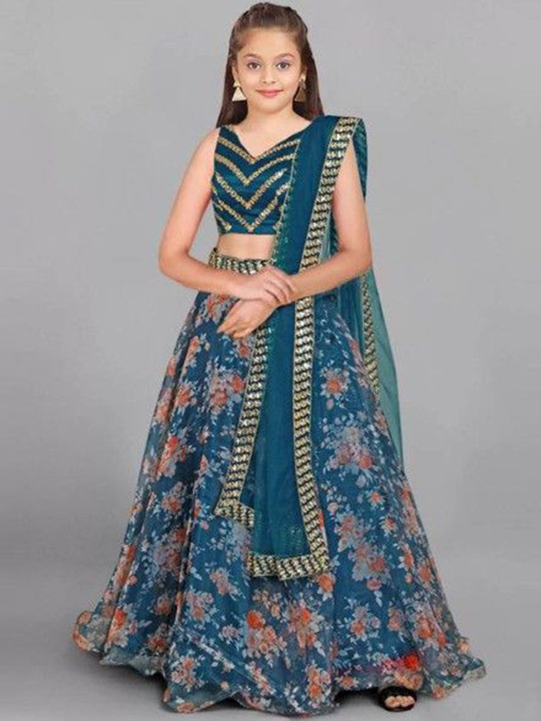 FULPARI Unisex Kids Embroidered Semi-Stitched Lehenga & Unstitched Blouse With Dupatta