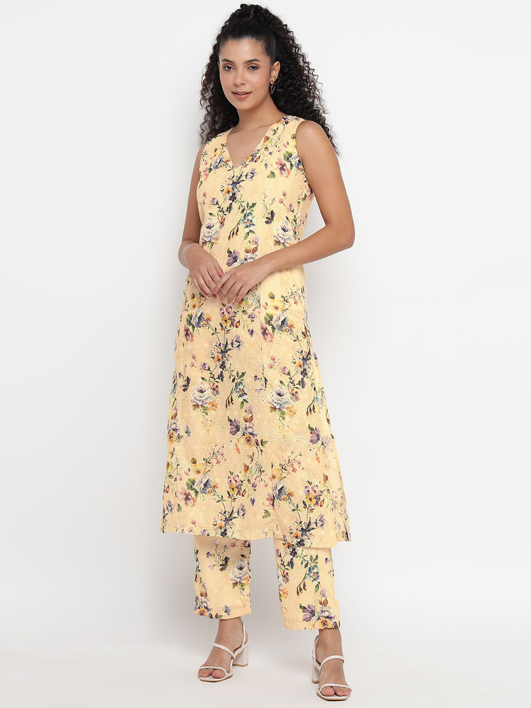 theulluu.com Pure Cotton Floral Printed V-Neck Tunic With Trouser Co-Ords