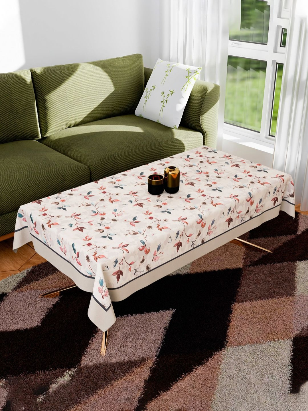 RUBOXA Cream Anti-Skid Floral Printed Rectangle Cotton 4-Seater Table Cover