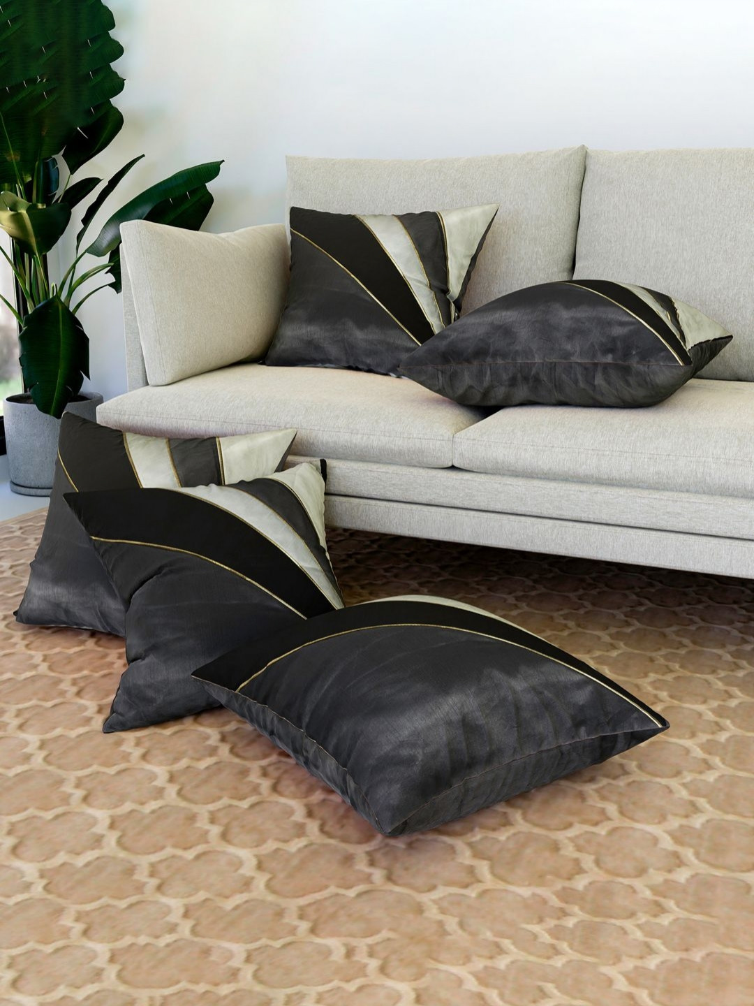 RUBOXA Black And Grey 5 Pieces Geometric Printed Square Cushion Covers