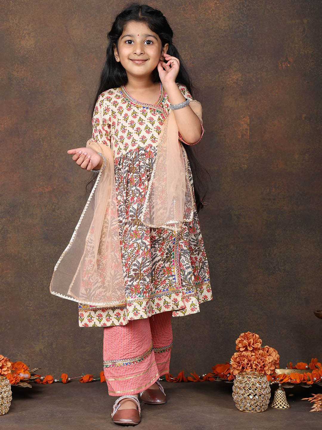 Here&Now X Kinder Kids Girls Floral Printed Cotton Anarkali Kurti with Palazzo & Dupatta