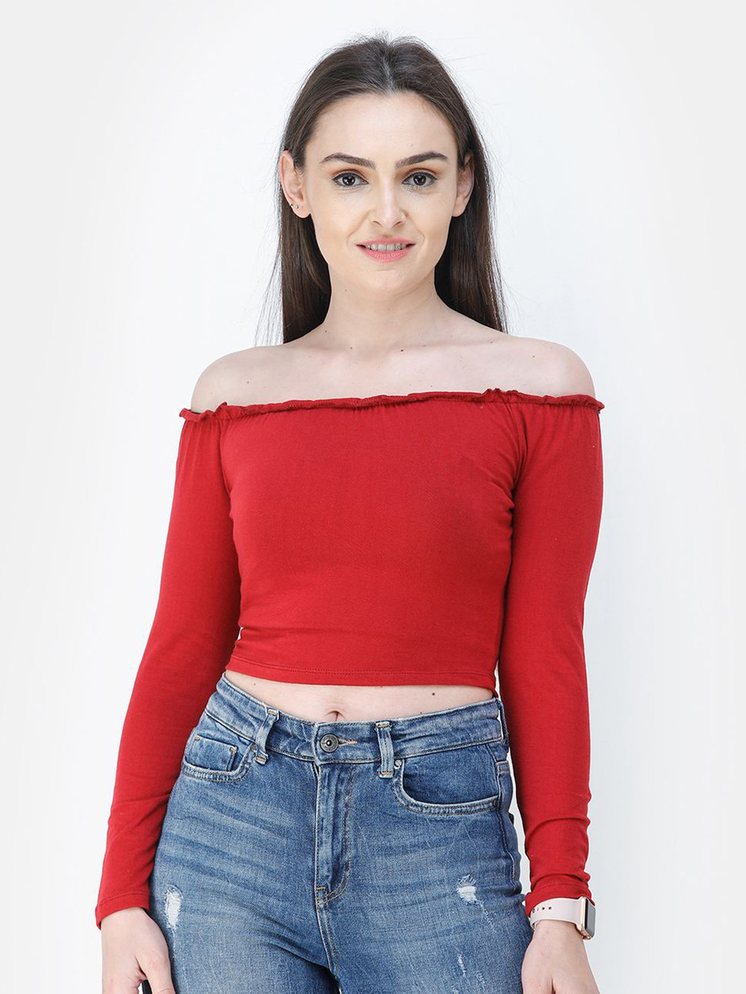 MINOS Women Cherry Red Off-Shoulder Cotton Bardot Crop Top