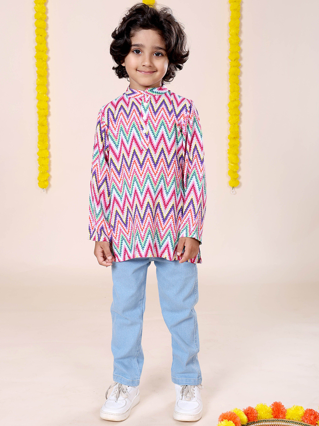KiddoPanti Boys Printed Mandarin Collar Kurta With Jeans