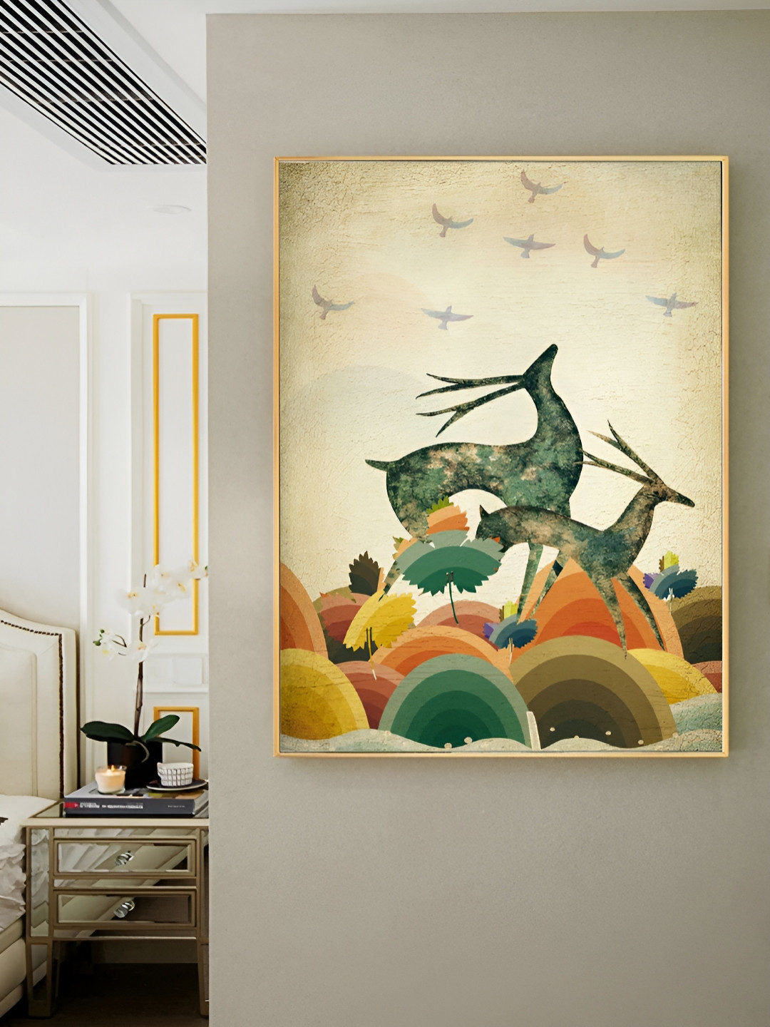 Myntra Elegant Homes Gold-Toned & Green Two Dancing Deer In The Forest Canvas Wall Art